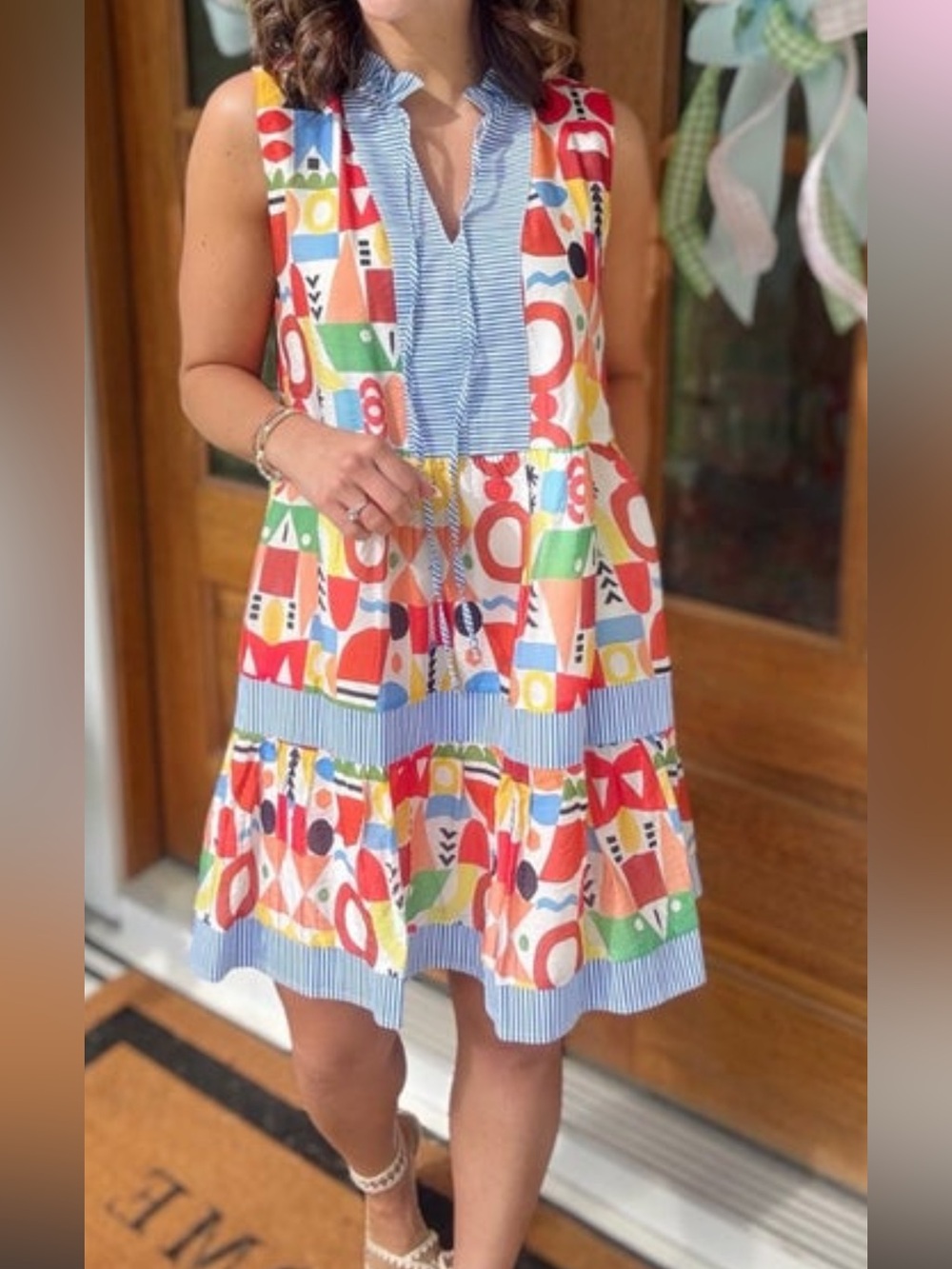 Colorful Geometric Dress - Blue Trim